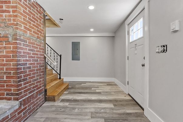 Interior, Recessed Lighting, Stone Walls, Wood Texture Flooring