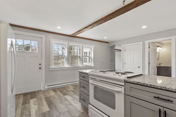 Interior, Kitchen, Recessed Lighting, Stainless Steel Appliances, Wooden Beams, Wood Texture Flooring