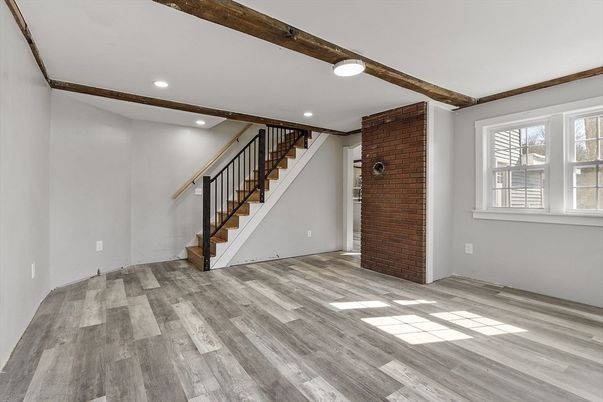 Empty room, Interior, Recessed Lighting, Stone Walls, Wood Texture Flooring