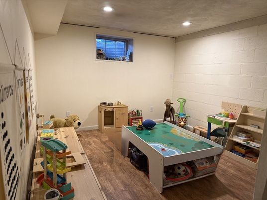 Game Room, Interior, Recessed Lighting, Stone Walls, Wood Texture Flooring