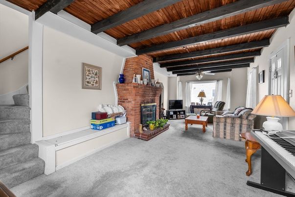 Fireplace, Interior, Living room, Piano, Stone Walls, Wooden Beams, Wooden Ceilings