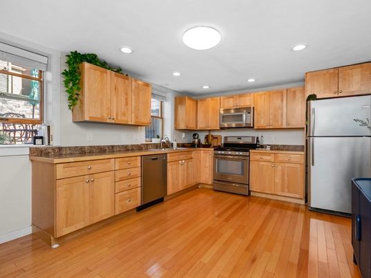 Interior, Kitchen, Recessed Lighting, Stainless Steel Appliances, Wood Texture Flooring