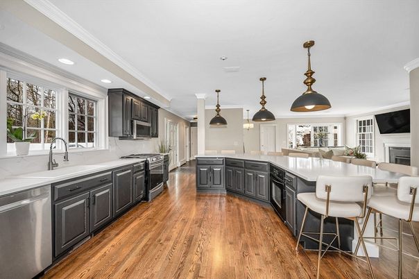 Fireplace, Interior, Kitchen, Pendant Lights, Recessed Lighting, Stainless Steel Appliances, Wood Texture Flooring