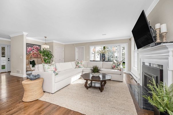 Fireplace, Interior, Living room, Pendant Lights, Wood Texture Flooring