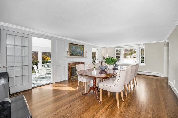 Dining room, Fireplace, Interior, Wood Texture Flooring