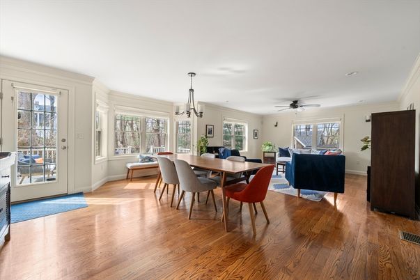 Dining room, Interior, Living room, Pendant Lights, Wood Texture Flooring