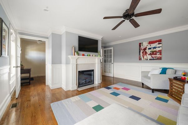 Fireplace, Interior, Recessed Lighting, Wood Texture Flooring