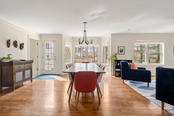 Dining room, Interior, Living room, Pendant Lights, Wood Texture Flooring