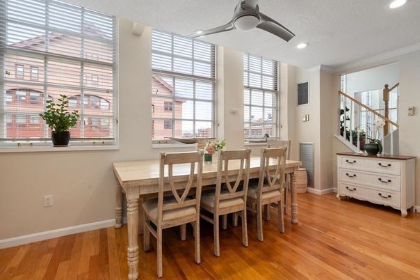 Dining room, Interior, Recessed Lighting, Wood Texture Flooring