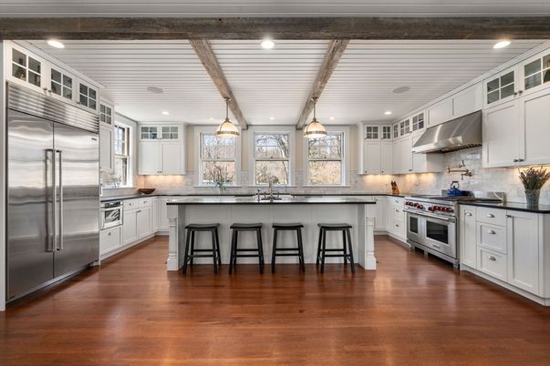 Interior, Kitchen, Pendant Lights, Recessed Lighting, Stainless Steel Appliances, Wooden Beams, Wood Texture Flooring