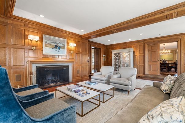 Chandelier, Dining room, Fireplace, Interior, Living room, Recessed Lighting, Wooden Walls