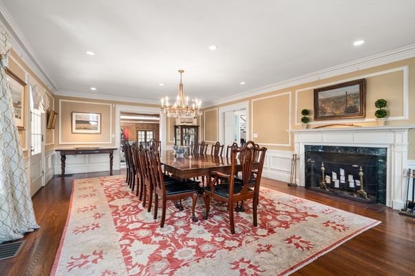 Chandelier, Dining room, Fireplace, Interior, Recessed Lighting, Wood Texture Flooring