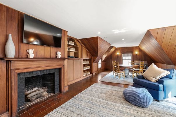 Dining room, Fireplace, Interior, Living room, Recessed Lighting, Wooden Ceilings, Wood Texture Flooring, Wooden Walls