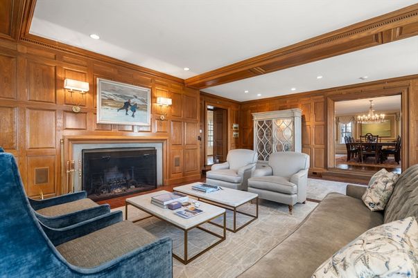 Chandelier, Dining room, Fireplace, Interior, Living room, Recessed Lighting, Wooden Walls