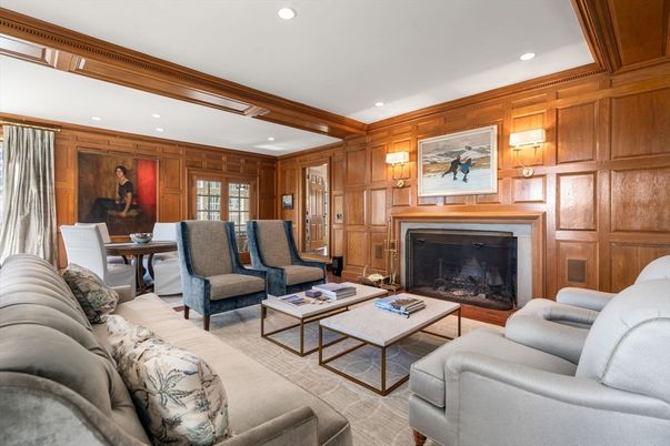 Dining room, Fireplace, Interior, Living room, Recessed Lighting, Wooden Beams, Wooden Walls