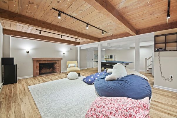 Billiard Table, Fireplace, Game Room, Interior, Wooden Beams, Wooden Ceilings, Wood Texture Flooring
