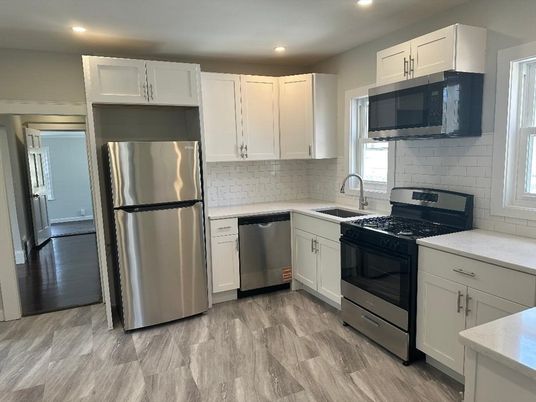 Interior, Kitchen, Recessed Lighting, Stainless Steel Appliances, Wood Texture Flooring