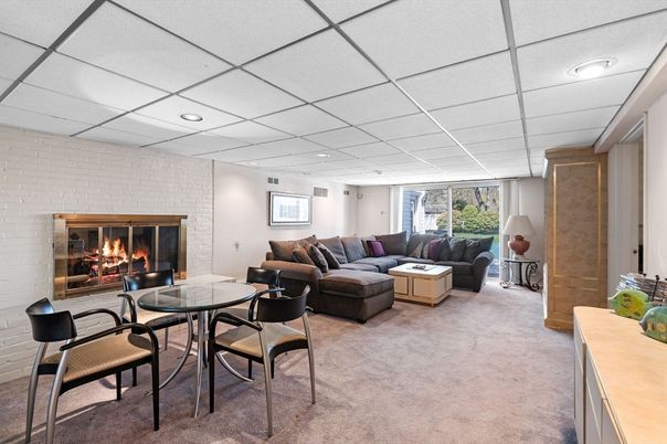 Dining room, Fireplace, Interior, Living room, Recessed Lighting, Stone Walls