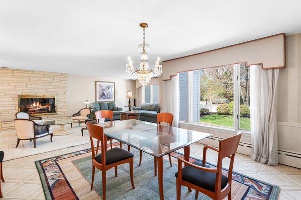 Chandelier, Dining room, Fireplace, Interior, Living room, Stone Walls
