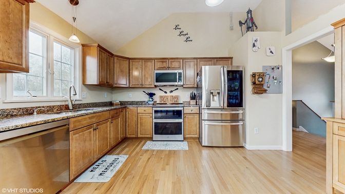 Interior, Kitchen, Pendant Lights, Stainless Steel Appliances, Wood Texture Flooring