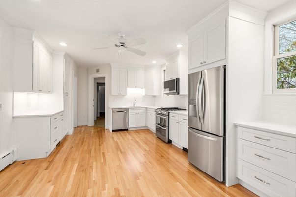 Interior, Kitchen, Recessed Lighting, Stainless Steel Appliances, Wood Texture Flooring