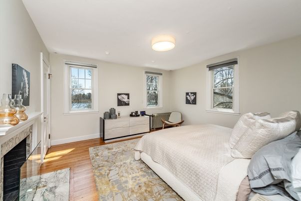 Bedroom, Fireplace, Interior, Wood Texture Flooring