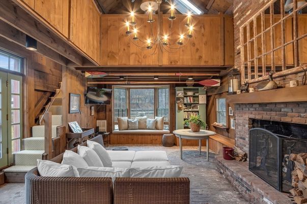 Chandelier, Fireplace, Interior, Living room, Wooden Beams, Wooden Walls
