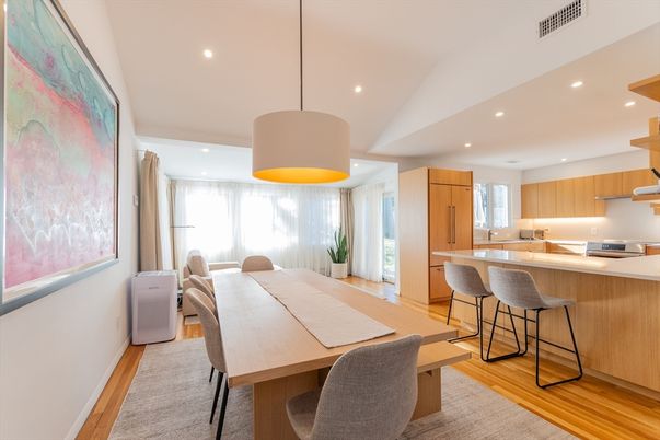Dining room, Interior, Kitchen, Pendant Lights, Recessed Lighting, Wood Texture Flooring