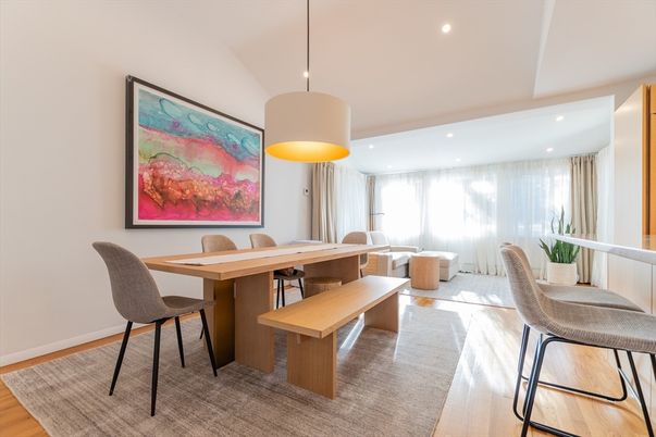 Dining room, Interior, Pendant Lights, Recessed Lighting, Wood Texture Flooring