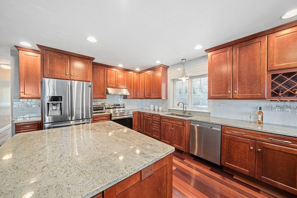 Interior, Kitchen, Pendant Lights, Recessed Lighting, Stainless Steel Appliances, Wood Texture Flooring
