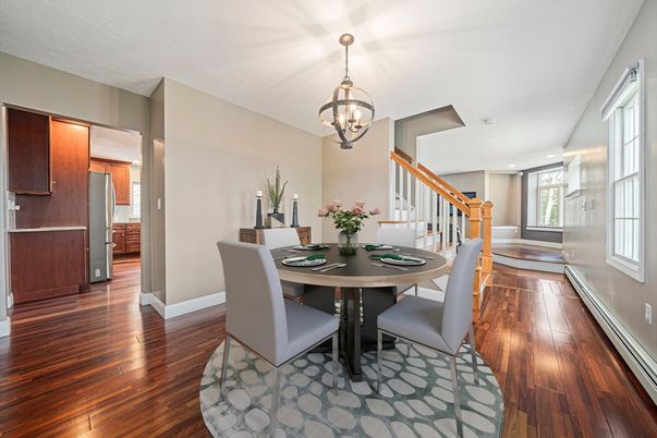 Chandelier, Dining room, Interior, Recessed Lighting, Wood Texture Flooring