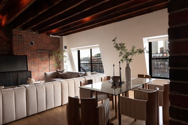 Dining room, Interior, Living room, Stone Walls, Wooden Beams, Wood Texture Flooring