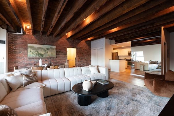 Interior, Kitchen, Living room, Recessed Lighting, Stainless Steel Appliances, Stone Walls, Wooden Beams, Wooden Ceilings, Wood Texture Flooring