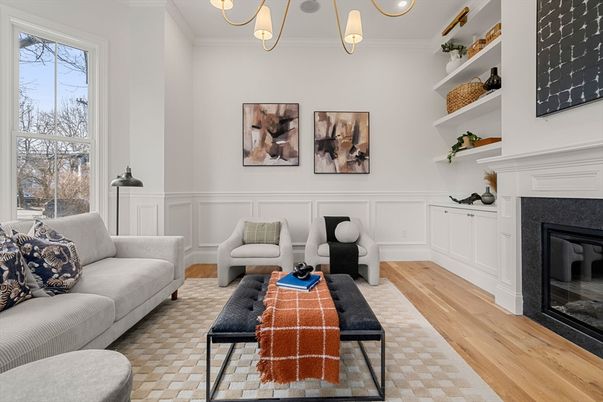 Fireplace, Interior, Living room, Pendant Lights, Wood Texture Flooring
