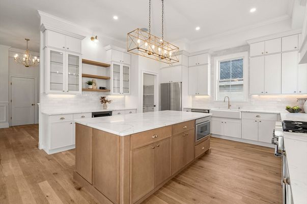 Chandelier, Interior, Kitchen, Pendant Lights, Recessed Lighting, Stainless Steel Appliances, Wood Texture Flooring