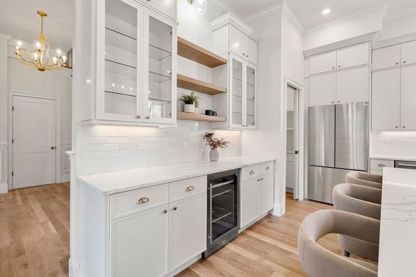 Chandelier, Interior, Kitchen, Recessed Lighting, Stainless Steel Appliances, Wood Texture Flooring