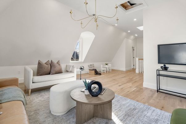 Chandelier, Interior, Living room, Recessed Lighting, Wood Texture Flooring