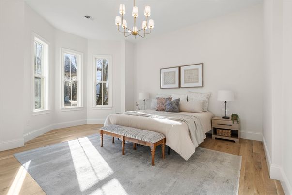 Bedroom, Chandelier, Interior, Wood Texture Flooring