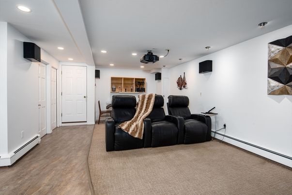 Home Theatre Room, Interior, Recessed Lighting, Theatre Room, Wood Texture Flooring