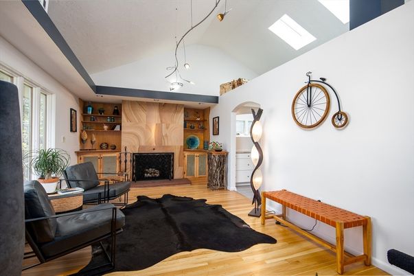 Fireplace, Interior, Living room, Pendant Lights, Wood Texture Flooring