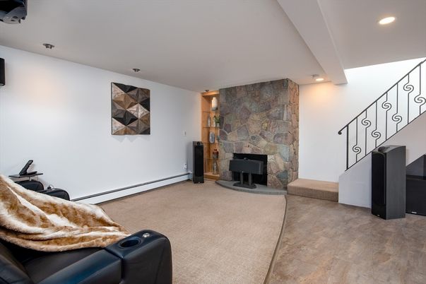 Fireplace, Interior, Recessed Lighting, Stone Walls