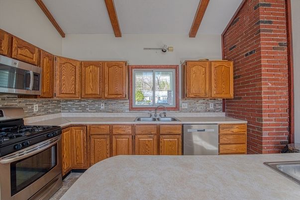 Interior, Kitchen, Stainless Steel Appliances, Stone Walls, Wooden Beams