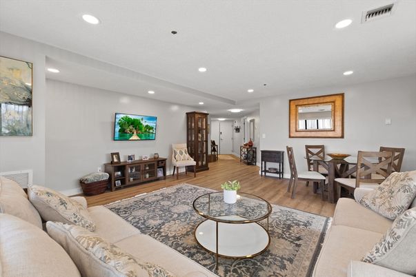 Dining room, Interior, Living room, Recessed Lighting, Wood Texture Flooring