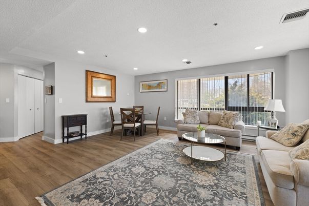 Dining room, Interior, Living room, Recessed Lighting, Wood Texture Flooring
