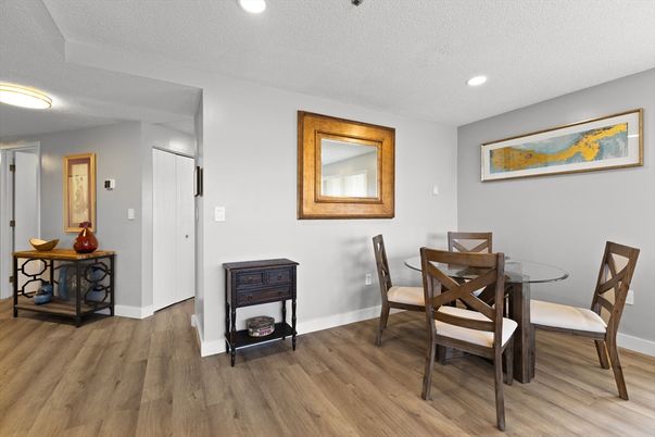 Dining room, Interior, Recessed Lighting, Wood Texture Flooring