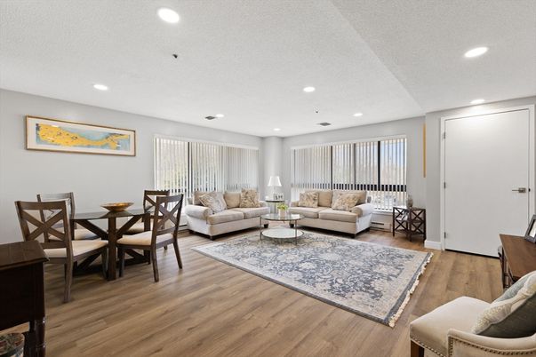 Dining room, Interior, Living room, Recessed Lighting, Wood Texture Flooring