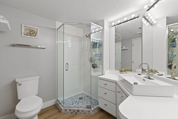 Bathroom, Glass Shower, Interior, Wood Texture Flooring
