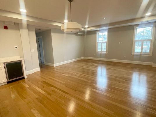 Empty room, Interior, Pendant Lights, Recessed Lighting, Wood Texture Flooring