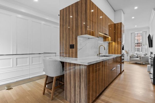 Interior, Kitchen, Marble Walls, Recessed Lighting, Wood Texture Flooring