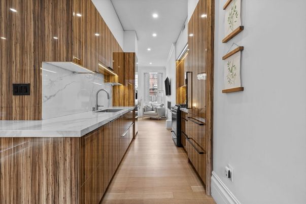 Interior, Kitchen, Marble Walls, Recessed Lighting, Wood Texture Flooring